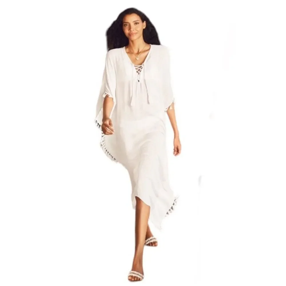 WALTER BAKER Fringe Acapulco Kaftan Swim Cover Up, Ivory, OS